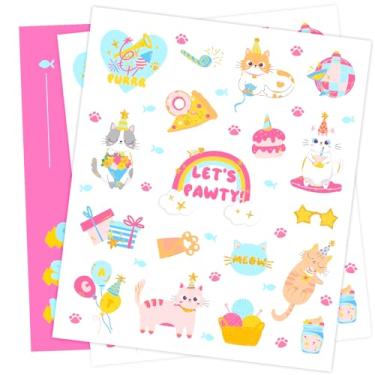 Imagem de NICROHOME EUR Tatuagens temporárias de gato, 36 peças (2 folhas) adesivos de tatuagem de gato fofo de desenho animado com balões de bolo de pata de gato, caixa de presente para meninas, meninos