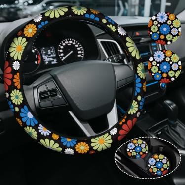 Imagem de Capa de volante de flor hippie colorida para mulheres e homens, antiderrapante de alta elasticidade, acessórios de carro, capas de volante, universal de 38 cm para carros, SUVS, inclui 2 porta-copos