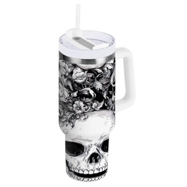 Imagem de STAYTOP Copo de caveira de Halloween de 1,134 g com tampa e canudo, copo isolado de aço inoxidável durável à prova de vazamento com alça, garrafas de água à prova de derramamento para viagens