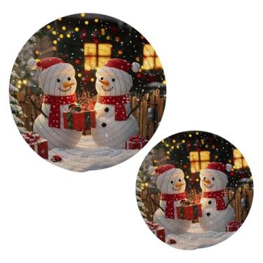 Imagem de Wassud Conjunto de trivet de cena de Natal com neve para pratos quentes, suportes redondos de algodão, almofadas quentes, porta-copos elegantes, decoração de cozinha e acessórios, 2 peças