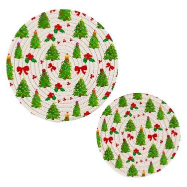 Imagem de Wassud Conjunto de trivet de árvore de Natal e arco para pratos quentes, suportes redondos de algodão, almofadas quentes, porta-copos elegantes, decoração de cozinha e acessórios, 2 peças