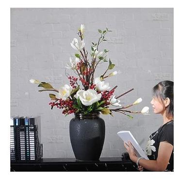 Imagem de YYBOES Flores artificiais flores falsas flores artificiais em vaso, arranjos grandes de flores falsas com vaso de cerâmica, para decorações de mesa de jantar