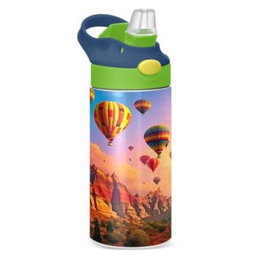 Imagem de Wassud Garrafa de água infantil isolada com tampa de palha, garrafas de água de aço inoxidável para crianças, balões de ar quente voadores de 350 ml
