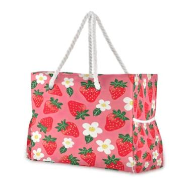 Imagem de Wassud Bolsa de praia grande, de morango e flor, para mulheres, impermeável, à prova de areia, bolsa de viagem com zíper e bolso para piscina, academia, acampamento