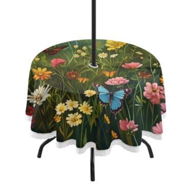 Imagem de CEBUGI Toalha de mesa redonda para uso ao ar livre, flores silvestres, impermeável, com furo Umberlla, capa de mesa lavável para pátio, cozinha, sala de jantar, 152 cm