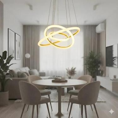 Imagem de Lustre Pendente Dourado 3 Anéis 40cm Controle Remoto Led 3 Cores - Ven