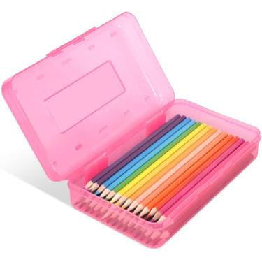 Imagem de DANRONG Caixa de lápis de plástico colorido, estojo de grande capacidade, caixas de lápis para crianças e adultos, caixa de armazenamento rígida de giz de cera com tampa de encaixe para materiais escolares de escritório (rosa)