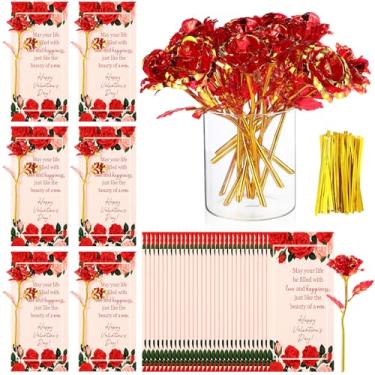 Imagem de Leinuosen 50 conjuntos de flores de dia dos namorados, arco-íris, folha de ouro rosa, rosas artificiais com cartões, presente cristão para mulheres, esposa, namorada, aniversário, presente memorável