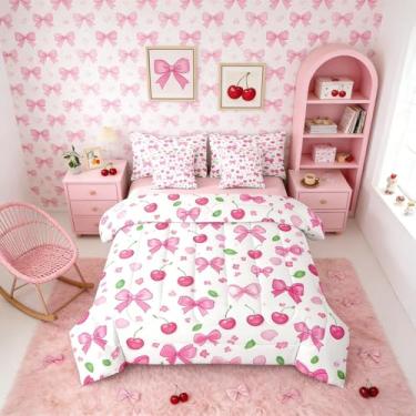 Imagem de Erosebridal Conjunto de cama Coquette com laço, 7 peças, com lençóis, gravata borboleta, rosa, floral, para decoração de quarto infantil e meninas