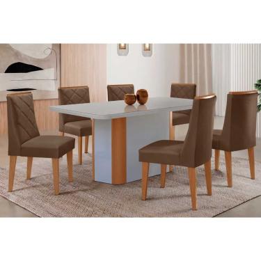 Imagem de Sala Jantar Mesa Pietá Tampo c/ Vidro Curvo 180cm+6 Cadeiras Pietá Naturale/Off White - Suede Marrom - Rufato