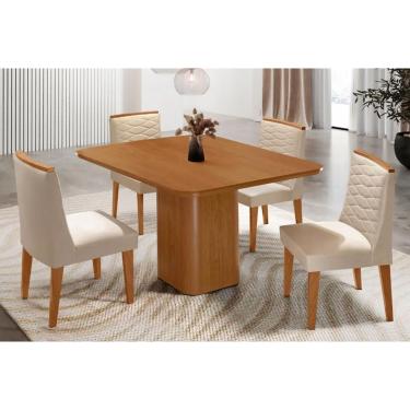 Imagem de Sala Jantar Mesa Maldivas Tampo Curvo 90cm+4 Cadeiras Maldivas Madeira Naturale - Capuccino/Suede Creme - Rufato