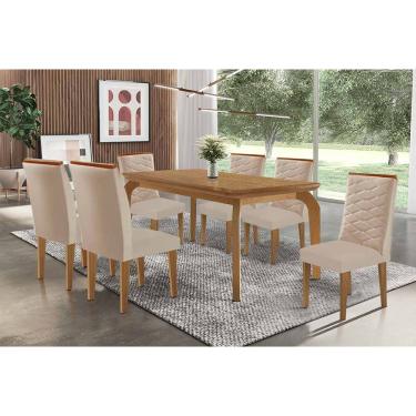 Imagem de Sala Jantar Mesa Londrina Tampo Curvo 180cm+6 Cadeiras Maldivas Madeira Naturale - Capuccino/Linho Bege - Rufato