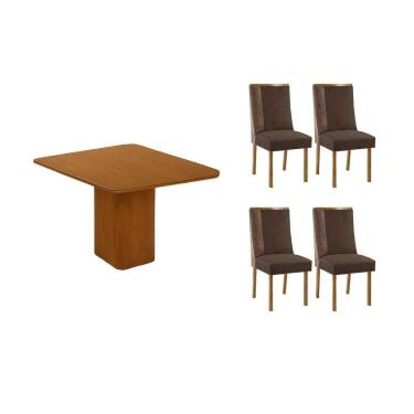 Imagem de Sala Jantar Mesa Maldivas Tampo Curvo 90cm+4 Cadeiras Tilia Madeira Naturale - Capuccino/Suede Marrom - Rufato