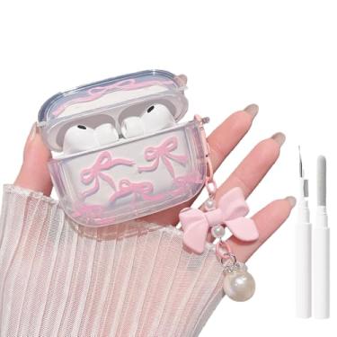 Imagem de MINSCOSE Capa transparente para AirPods 4 com kit de limpeza, design feminino com laço de pérola fofo, capa protetora de TPU macio à prova de choque para meninas e mulheres para AirPods 4 - rosa