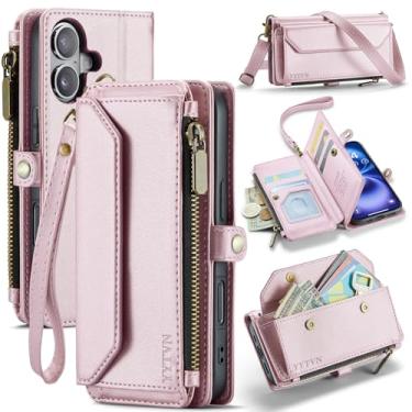 Imagem de YYTVN Capa carteira para iPhone 16 Plus com zíper para cartão, bloqueio de RFID, carteira magnética de couro PU com alça transversal e alça de pulso para iPhone 16 Plus - ouro rosa