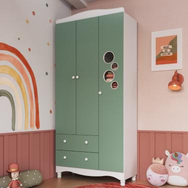 Imagem de Guarda Roupa Infantil 3 Portas 2 Gavetas Encanto Completa Móveis - Branco/Verde