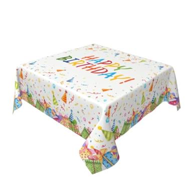 Imagem de Toalha de mesa de aniversário quadrada 152 x 152 cm caixa de presente colorida chapéu de fita tema feliz aniversário decorativo toalha de mesa branca sazonal festiva rústica casa de fazenda para