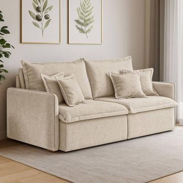 Imagem de Sofá 4 Lugares 2,60m Retrátil E Reclinável Em Tecido Bouclé – Malta Lucadi Bege