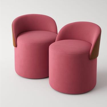 Imagem de Kit 2 Puff Redondo Curvo Orgânico Com Encosto Confortável Resistente Composé Suede Corino Suede Rose