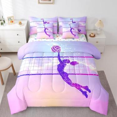 Imagem de Erosebridal Jogo de cama de casal com estampa de vôlei, 7 peças, para crianças, adultos, academia, esportes, edredom e lençol com silhueta roxa