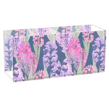 Imagem de TSENQUE Porta-canetas decorativo, personalizado, fofo, arte, rosa, roxo, jacinto, flores, escritório, organizador de acrílico