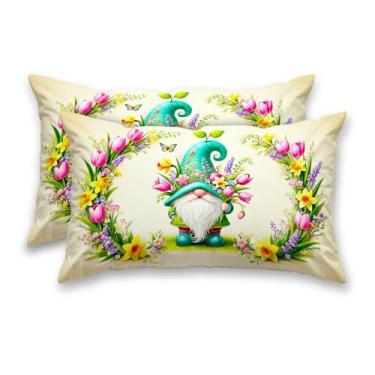 Imagem de HOMETITUTE Capas decorativas de primavera, pacote com 2 fronhas de cetim 30 x 50 cm, arte floral, gnomo, para sofá, sala de estar, fazenda, decorações de férias