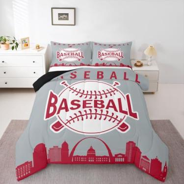 Imagem de Erosebridal Conjunto de edredom infantil de beisebol para cama de casal, temática de beisebol, jogos de bola, para meninos, adolescentes e adultos, conjunto de cama com silhueta de construção de