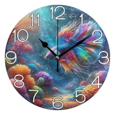 Imagem de GAIGEO Relógio de parede decorativo analógico escritório cozinha relógio operado por bateria silencioso, sala de estar, decoração de parede moderna, peixe colorido, oceano, plantas de desenho animado