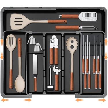 Imagem de Organizador de gaveta de utensílios grande para cozinha, organizador de talheres expansível, bandeja de talheres, armazenamento com bloco de facas removível (Preto)