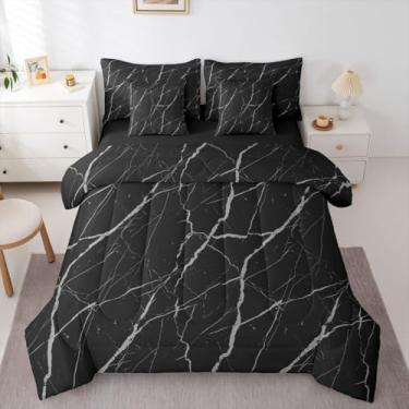 Imagem de Erosebridal Conjunto de edredom queen de mármore preto e cinza, tamanho queen, 7 peças, cama geométrica marmorizada, em uma bolsa, abstrata, estética, estampa moderna