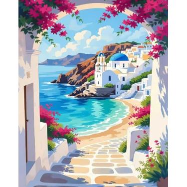 Imagem de Mrnsiet Pintura por número para adultos iniciantes, kits de pintura por números de cidade litorânea fácil em tela, kits de pintura a óleo de cidade costeira faça você mesmo kits de pintura por número