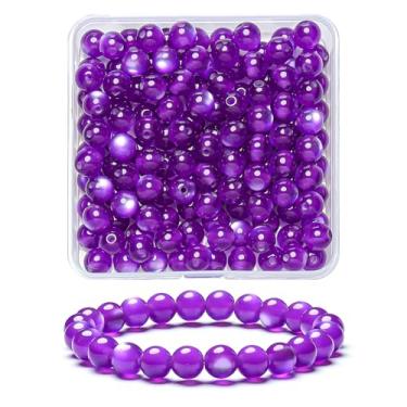 Imagem de 100 peças de contas roxas naturais lisas de olho de gato, contas redondas soltas de pedra preciosa para fabricação de joias com cordão elástico de cristal (cor 5)