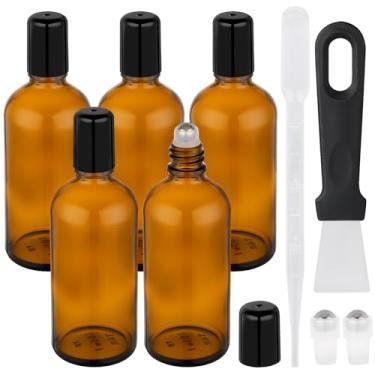 Imagem de Segbeauty Frascos de rolo de vidro âmbar de 100 ml de espessura para óleos, 5 frascos vazios para óleo essencial de rícino, massagem de perfume, aplicador de esfera de rolo recarregável de 100 ml com