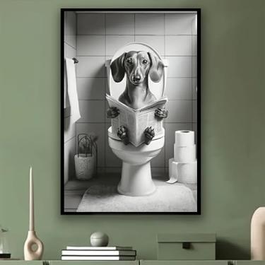 Imagem de Arte de parede em tela sem moldura - Dachshund lendo jornal em papel higiênico, pôster de cachorro humorístico, pintura em tela suspensa sem eletricidade (Observação: excluindo moldura fotográfica