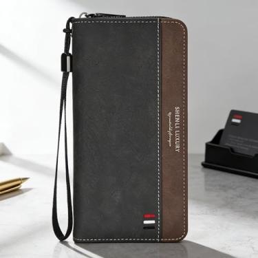 Imagem de Carteira masculina clássica preta de couro sintético de grão cruzado, resistente à água, design aberto com vários compartimentos clássicos em couro sintético de grão cruzado resistente à água