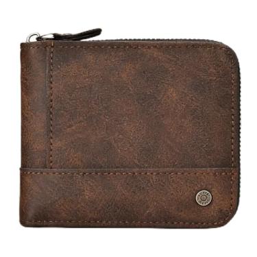 Imagem de Carteira masculina retrô marrom escuro horizontal com zíper cruzado em couro legítimo, design retrô marrom escuro com zíper horizontal com grão cruzado, sensação de couro, durável