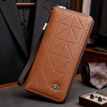 Imagem de Carteira para homens, elegante bolsa de couro longa com zíper, organizador multifuncional de grande capacidade com bloqueio RFID para profissionais (marrom claro)