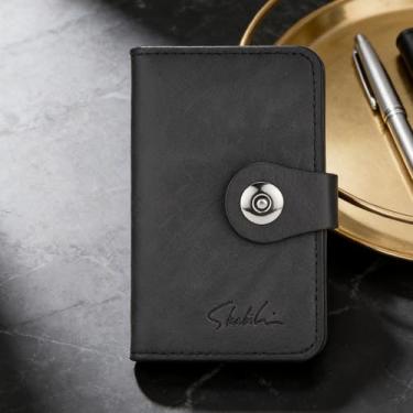 Imagem de Carteira masculina retrô preta com alça de couro genuíno brilhante resistente à água, design retrô preto com vários compartimentos com alça, sensação de couro brilhante