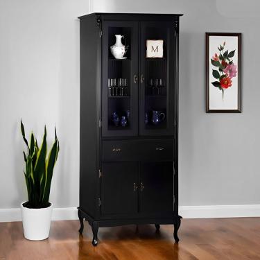 Imagem de Cristaleira De Madeira 4 Portas 1 Gaveta 3 Prateleiras Pés Luiz Xv - Preto Laca