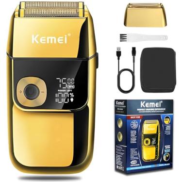 Imagem de Lâminas de barbear elétricas KEMEI para homens, LCD Display Navalhas masculinas sem fio, USB recarregável com aparador de barba pop-up Melhor presente de viagem mundial, Modelo KM 2028, Ouro