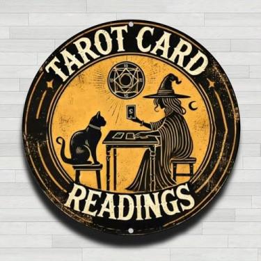 Imagem de Leituras de tarô e gato bruxo vintage placa de parede redonda de alumínio rústico, 20 cm, presentes internos e externos e decoração para casa, escritório, café e fazenda