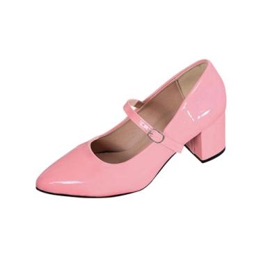 Imagem de Sapatos femininos casuais de salto alto com bico redondo para o verão confortável sem cadarço com design de salto grosso, rosa, 35
