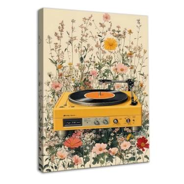 Imagem de Dazzlewall Arte de parede emoldurada boêmia toca-discos, toca-discos amarelo vintage, estampas florais coloridas para sala de música, sala de estar, quarto, decoração 30,5 x 40,6 cm