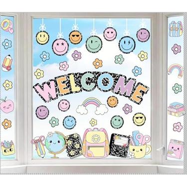 Imagem de JarThenaAMCS Adesivos de janela Welcome Back to School Floral Smile Face Flower dupla face para decoração de parede de festa em casa sala de aula, 6 folhas