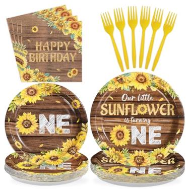 Imagem de Greencian 96 peças de girassol decorações de primeiro aniversário girassol pratos e guardanapos de festa de 1º aniversário Our Little Sunshine is Turning One Tableware para bebês meninos meninas 1 ano