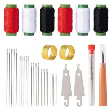 Imagem de Kit de costura de olho grande com 37 peças, agulhas de mão fáceis de rosquear, 3 carretéis de linha de poliéster e tubos de armazenamento - Conjunto completo de agulhas de aço para estofamento
