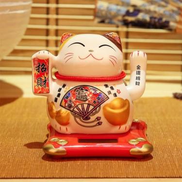 Imagem de FENNYYAR Fã da sorte de cerâmica branco braço acenando gato da sorte, 11,5 cm 11,4 cm, ornamento de carro de mesa doméstico