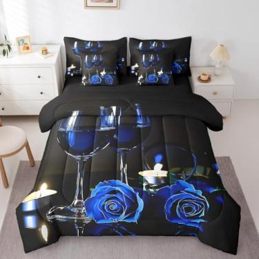 Imagem de Erosebridal Conjunto de edredom de 7 peças, rosa azul, cama queen em uma bolsa, romântico para dia dos namorados, para grils, velas de taça de vinho, enchimento de edredom, pétalas florais de rosa e