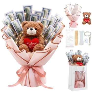 Imagem de Mimorou Kit de buquê de dinheiro para o Dia dos Namorados, buquê de flores de dinheiro DIY com papel de embrulho de urso, presente de flor artificial para o Dia das Mães, aniversário, noivado (coração