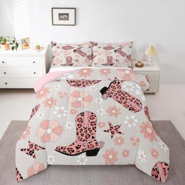 Imagem de Erosebridal Conjunto de cama infantil de cowgirl ocidental, chapéu de vaqueira, floral, para decoração de quarto de meninas e crianças, conjunto de cama com estampa de leopardo rosa, estilo country, 2